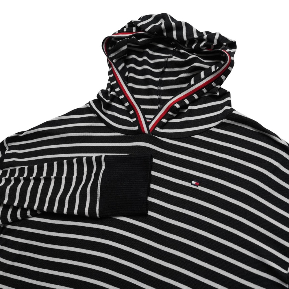 Tommy Hilfiger Hoodie Womens Large Black White Striped Logo‎ Knit Sweater